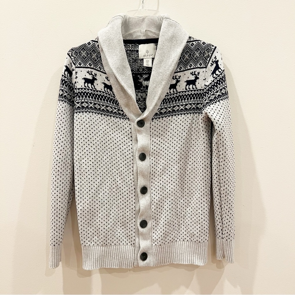 Aspen Nordic Reindeer Cardigan Womens Small Gray Blue Fair Isle Shawl Collar